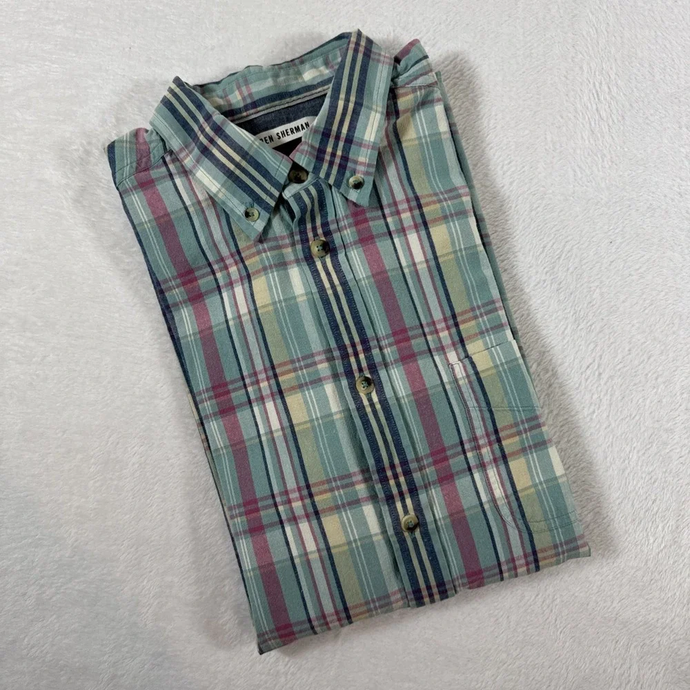 Ben Sherman Men's Plaid‎ Multicolor Medium Long Sleeve Button Up 100% Cotton